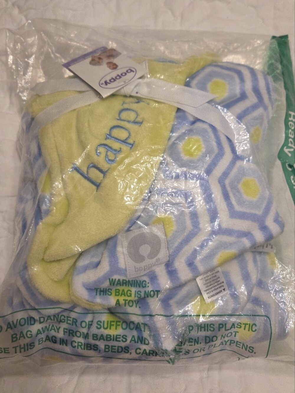 NWT Boppy Ultra-Luxe Plush Reversible Baby Blanket - Blue, Green & White